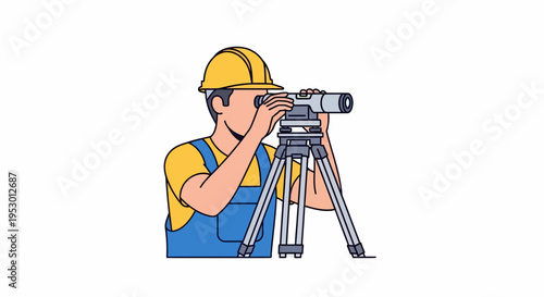 A worker in labor uses a surveying instrument on a tripod outdoors.