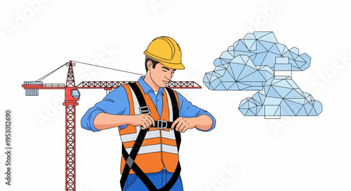 A worker in a hard hat and safety vest checks his watch near a crane and cloud-shaped structures on a construction site with labor.