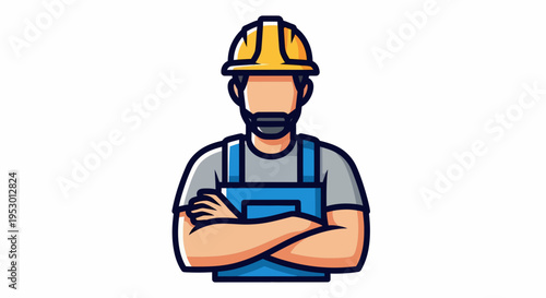 A worker in a yellow hard hat and blue overalls stands confidently with arms crossed.