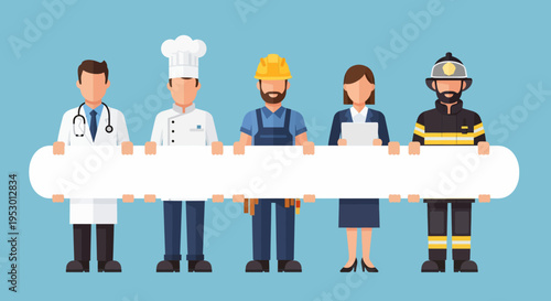 Diverse labor workers from various professions stand together