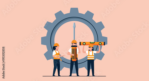 Workers in labor adjusting a large gear mechanism with tools