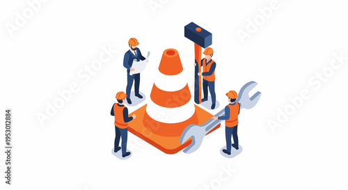 Workers labor on a large orange traffic cone with tools nearby outdoors