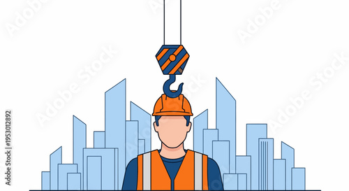 A construction worker wearing an orange vest and hard hat stands under a crane hook in a cityscape.