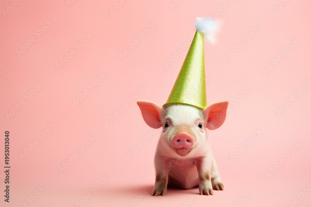 custom made wallpaper toronto digitalA cute small pig wearing a party hat is pictured on a vibrant pink background. Perfect for celebrating special occasions and adding a touch of fun to your designs