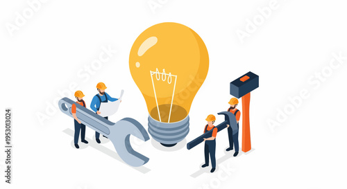 Vibrant Illustration of Three Laborers Repairing a Light Bulb with Tools in a Cartoon Style