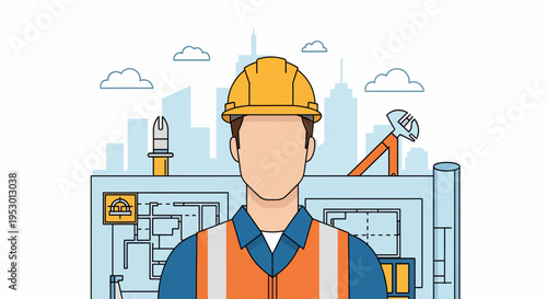 Labor Worker in Construction Site with Industrial Equipment and Urban Skyline Cartoon Illustration
