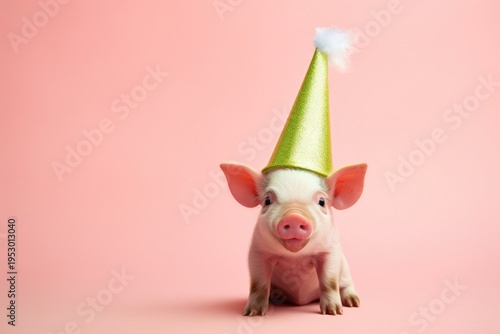 Wallpaper Mural A cute small pig wearing a party hat is pictured on a vibrant pink background. Perfect for celebrating special occasions and adding a touch of fun to your designs Torontodigital.ca