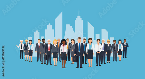Vibrant Digital Illustration of Diverse Labor Workers in Front of Modern Stylized City Skyline in Professional Setting