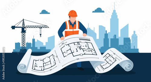 Hardworking Construction Worker in Vibrant Cityscape with Blueprints, Crane, Labor, and Urban Development Illustration
