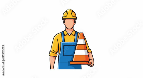 Labor Worker in Hard Hat Holding Orange Traffic Cone for Road Construction in Cartoony Style