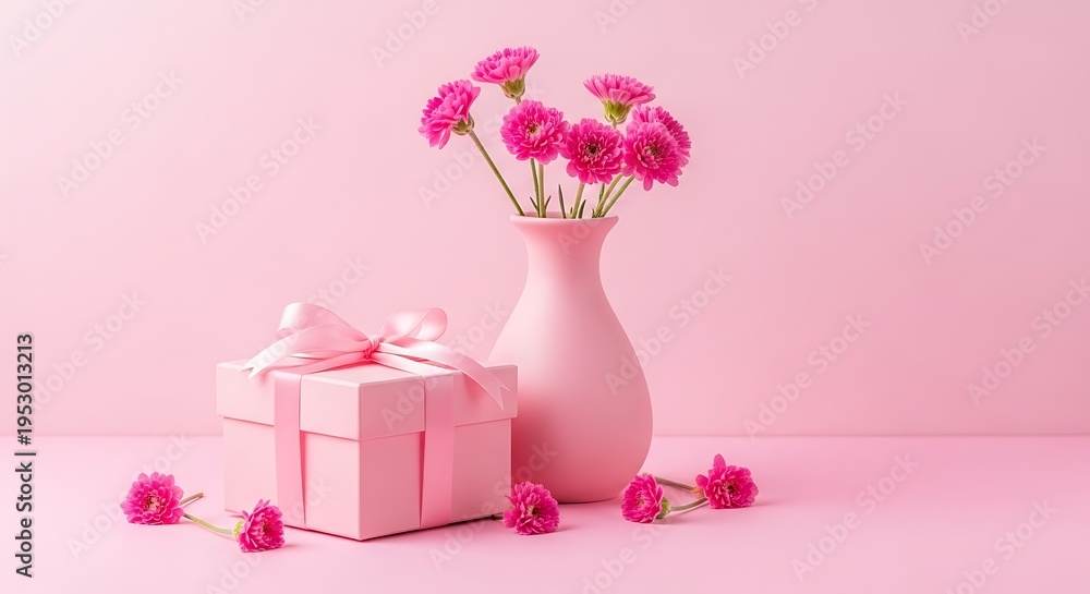Obraz premium Pink flowers in vase with gift box on pink background