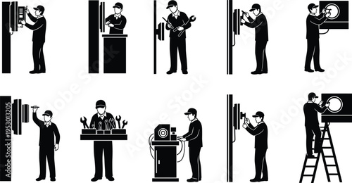 Black silhouettes of industrial technicians repairing electrical panels and machinery for professional factory maintenance services technical installation and commercial repair work icons set