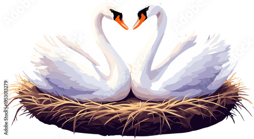 Elegant swan couple forming heart shape with necks, romantic minimal wildlife illustration perfect for love themes, wedding designs and elegant compositions