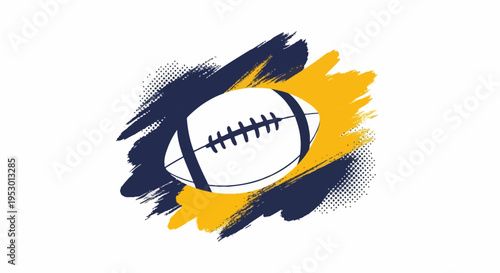 Abstract American football vector graphic featuring a white ball icon overlaying navy blue and yellow textured brush strokes with halftone stipple patterns on white background.