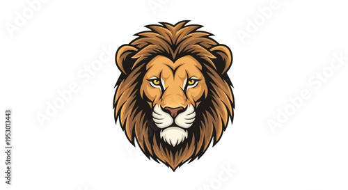 Vector illustration of a stylized lion head mascot with a dense brown mane and intense yellow eyes, frontal view isolated on a white background for sports team logo branding.