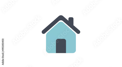 Minimalist flat vector icon of a house featuring light blue walls and a dark charcoal grey roof with a chimney and centered door, isolated on a solid white background.
