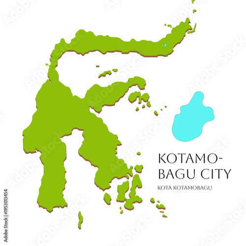 Stylized North Sulawesi map illustration focusing on Kotamobagu City area with fresh green tones and clear geographic layout for regional mapping concept