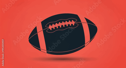 Stylized American football ball illustration featuring a dark silhouette with red laces and side stripes, set against a solid red background with a soft shadow underneath for depth.