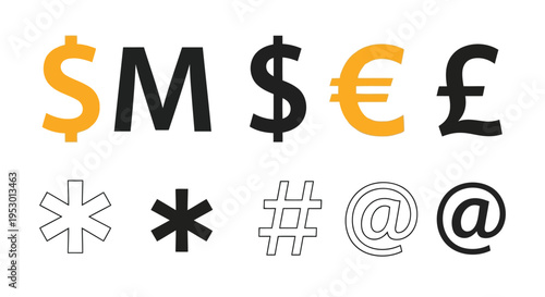 A collection of various typographic symbols including currency signs and common punctuation marks