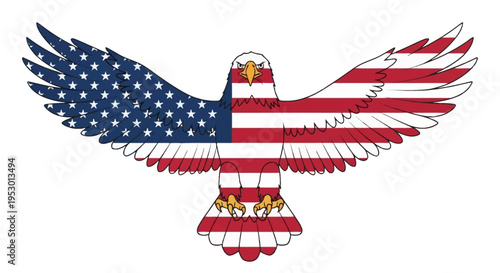 Vector illustration of a bald eagle with outstretched wings, featuring the American flag pattern with stars on the left wing and red and white stripes on the body and right wing.