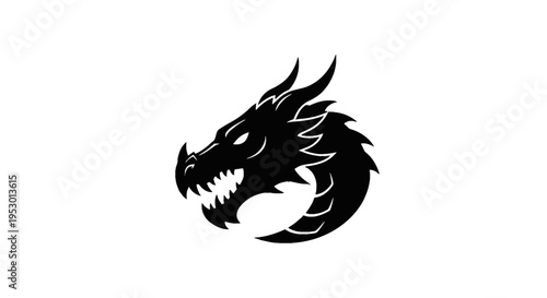 Stylized black silhouette of a dragon head in profile view, featuring sharp horns, pointed teeth, and a jagged crest, isolated on a plain white background for logo or stencil design.