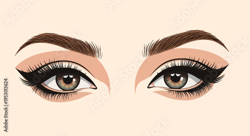 Detailed vector illustration of a pair of female eyes featuring hazel irises, thick black winged eyeliner, dense eyelashes, and arched brown eyebrows on a light beige skin background.