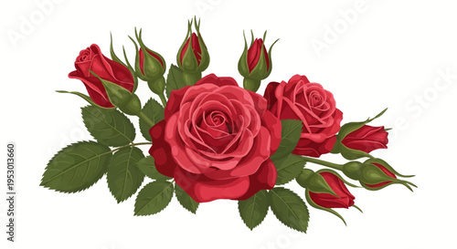 Vector illustration of a red rose floral arrangement featuring two fully bloomed flowers, multiple unopened buds, and lush green leaves, isolated on a white background.