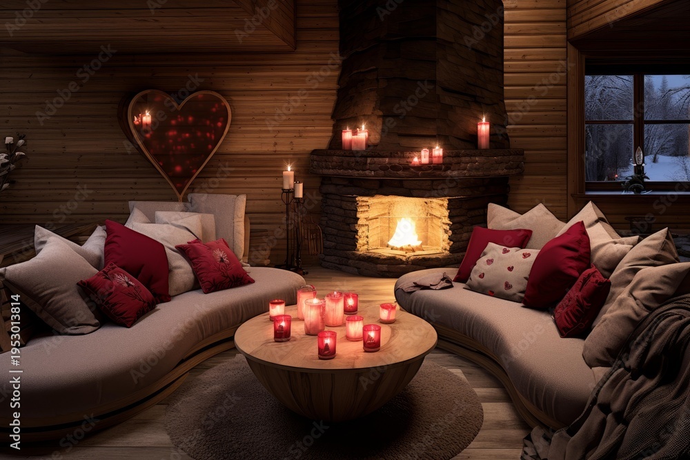 Fototapeta premium Warm living room with fireplace, candles, and heart decorations creating a romantic atmosphere