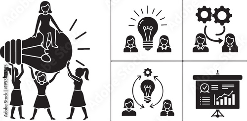 Business teamwork illustration. Diverse women holding a large lightbulb representing collaboration, creative problem solving, and innovation in the workplace..eps