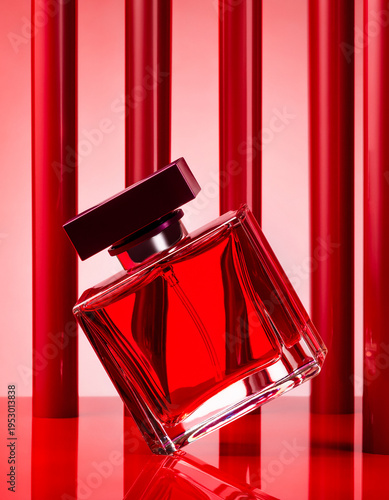 Bold red perfume bottle with dramatic glossy columns