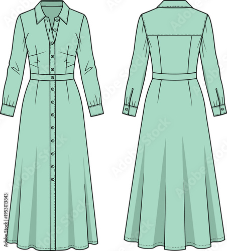 Women High Waisted Straight Midi Skirt Technical Fashion Flat Sketch Vector Illustration with Back Darts CAD Drawing Flat Vector Illustration