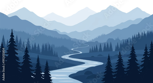 Monochromatic blue vector landscape illustration featuring a winding river flowing through a valley with pine tree forests and layered mountain ranges in a minimalist flat style.