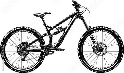 Black silhouette of downhill mountain bike with coil rear suspension and knobby tires for off road cycling extreme trail adventure and outdoor sports
