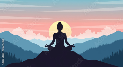 Silhouette of a woman practicing meditation in lotus pose on a mountain peak at sunset with blue mountain ranges, pine trees, and a large sun in a flat vector art style.