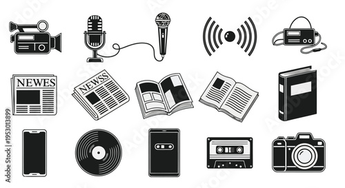 A collection of black and white icons representing various forms of media and communication tools
