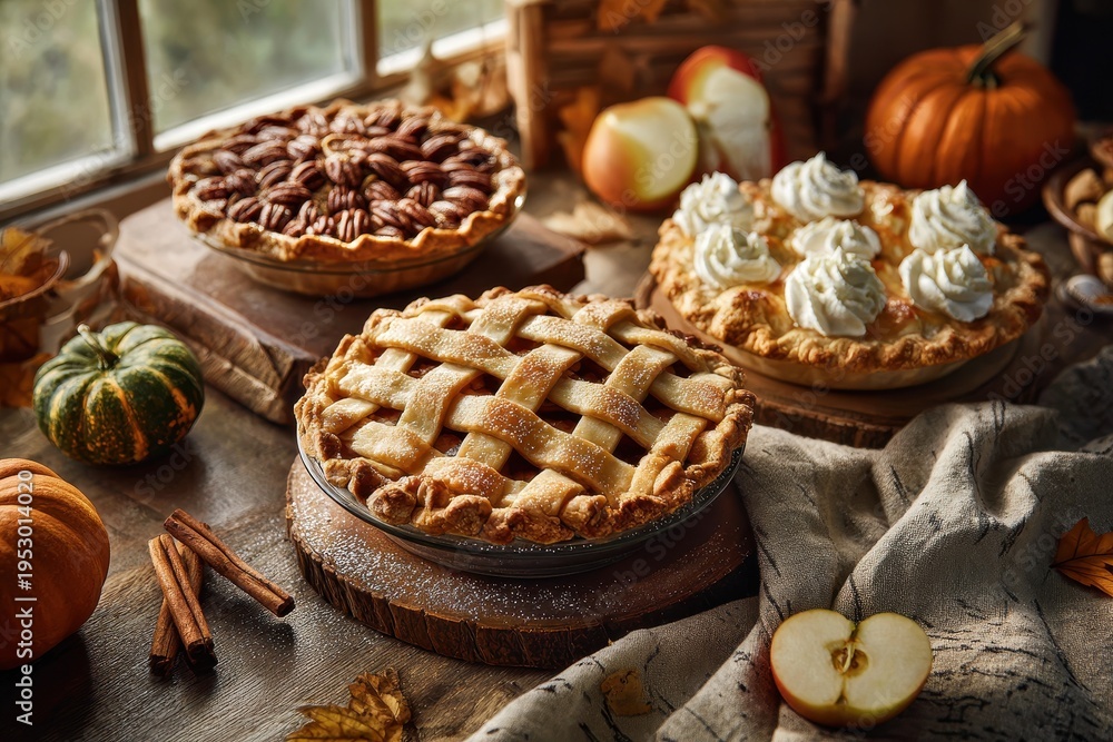 Fototapeta premium Still life of fall desserts: three pies with lattice crusts, whipped cream, and seasonal accents