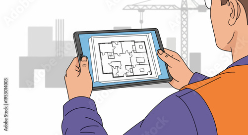 Laboring Worker Examining Tablet Floor Plan Amid Construction, City Skyline Background, Cartoon Style Illustration