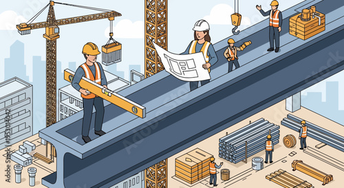 Cartoon Construction Site Showcasing Workers Laboring on Raised Platform Over Cityscape at Bright Daylight