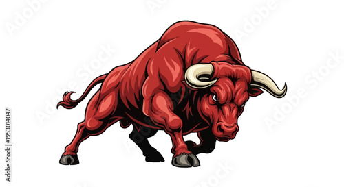 Vector illustration of a muscular red charging bull with large sharp horns and an aggressive posture in a mascot logo style, isolated on a white background with detailed anatomy.
