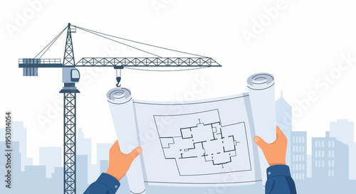 Laboring Worker Examines Blueprints on Construction Site with Light Blue Crane Over Cityscape