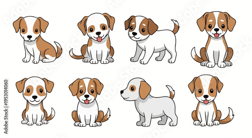 Set of eight cartoon puppy character illustrations in various poses including sitting and standing, featuring white and brown spotted dog doodles on a solid white background.