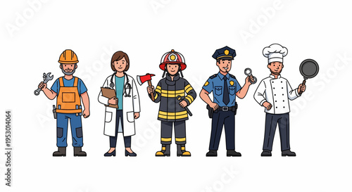 Six Professional Workers in a Colorful Row—Construction, Doctor, Firefighter, Police, Chef, and More on a White Stage