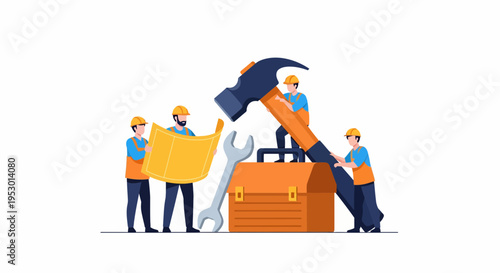Three Workers Confront a Large Toolbox with Wrench and Hammer in a Colorful Illustration