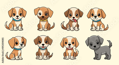 Set of eight cartoon puppy dog characters with large eyes. Seven brown and white spotted dogs in sitting poses wearing colorful collars and one grey dog standing, vector illustration.