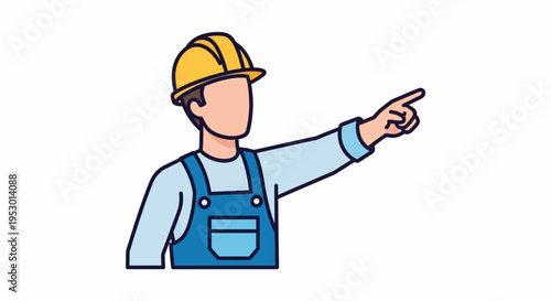Construction worker pointing right in cartoon illustration of a laborer wearing a hard hat and overalls against a white background