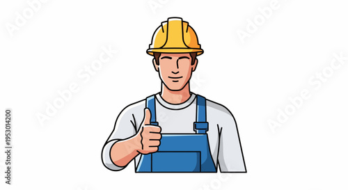 ThumbsUp Labor Worker in Construction Attire Cartoon Illustration of a Happy Construction Professional with Hardhat and Overalls Giving Approval