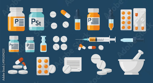 Flat design vector illustration set of pharmaceutical icons including medicine bottles, capsules, blister packs, syringe, mortar and pestle, and tablets on a dark blue background.