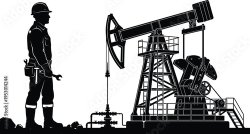 Black silhouette of oil worker with tool belt and wrench standing near pump jack on oil field for petroleum energy industrial production industry
