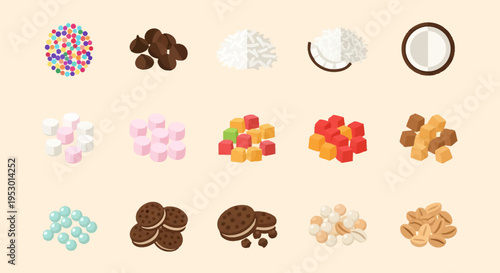 Flat vector icons of dessert and yogurt toppings featuring sprinkles, chocolate chips, shredded coconut, marshmallows, jelly cubes, caramel, mini cookies, candy pearls, and cereal.