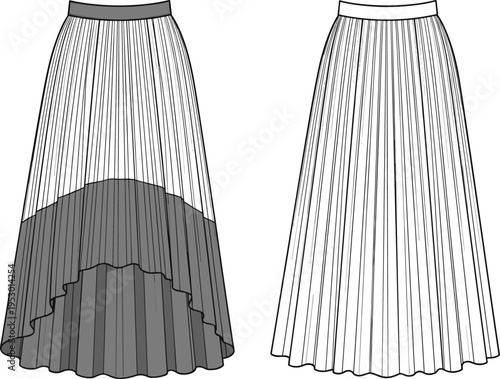High Low Pleated Skirt Technical Fashion Flat Sketch Vector Illustration for Women Apparel Design Template CAD Drawing Flat Vector Illustration Front